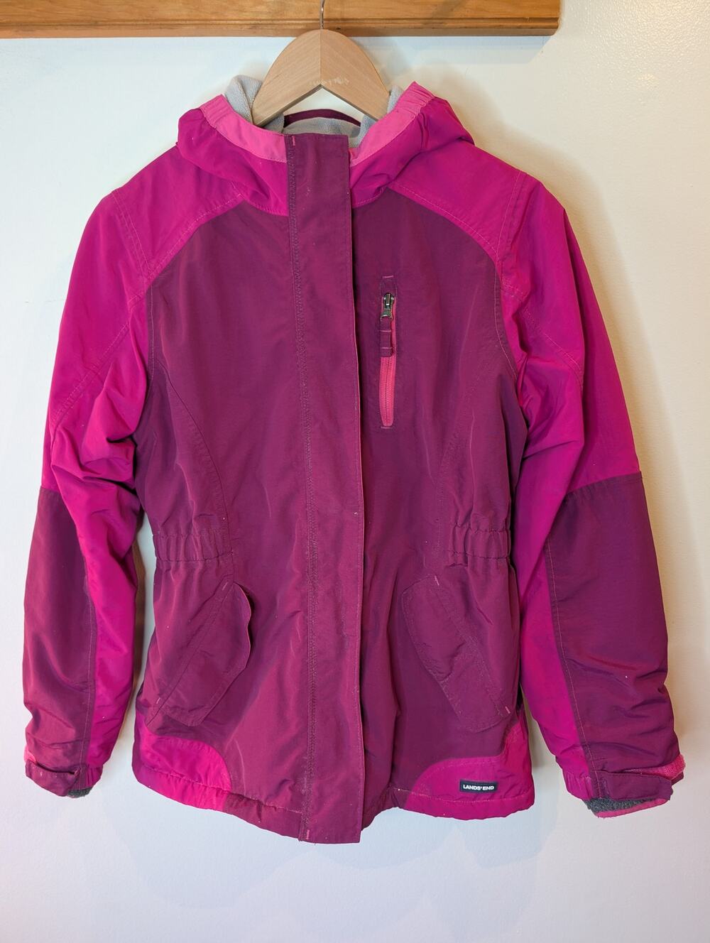 Lands' End Girls Hooded Winter Jacket Purple Pink Colorblock Fleece Lined XL 16